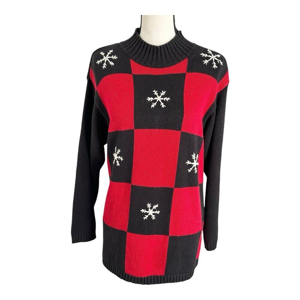 Christmas‎ Sweater Vintage Liz Claiborne Liz & CO Black Red Snowflake Sweater PL